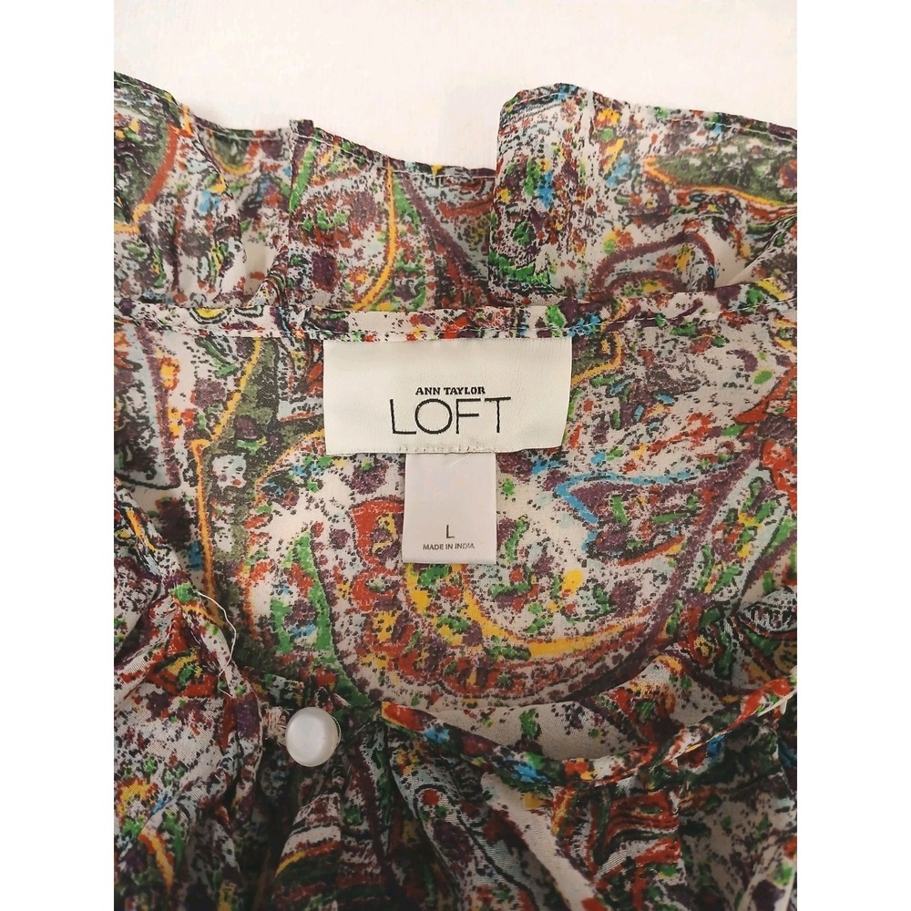 LOFT Womens Summer Ruffle Top L Fairy Twee Short Sleeve Paisley Floral Romantic - Picture 9 of 11
